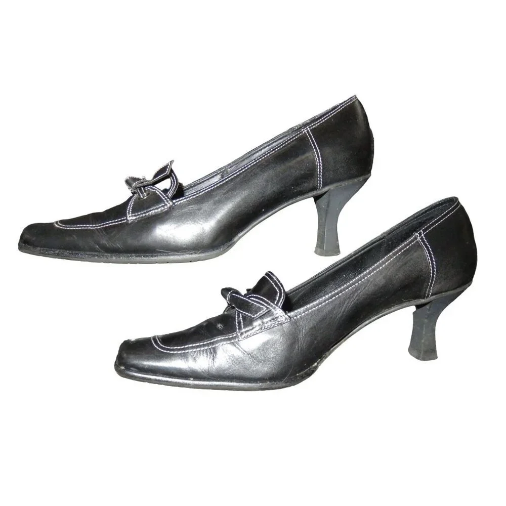 Vaneli Gelise Black Italian Calf Leather Square Toe Bow Embellished Loafer sz 8